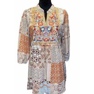 Boho Tunic Womens Sz S Floral Tops Shirt 3/4 Sleeve Casual Loose Blouse Hippy